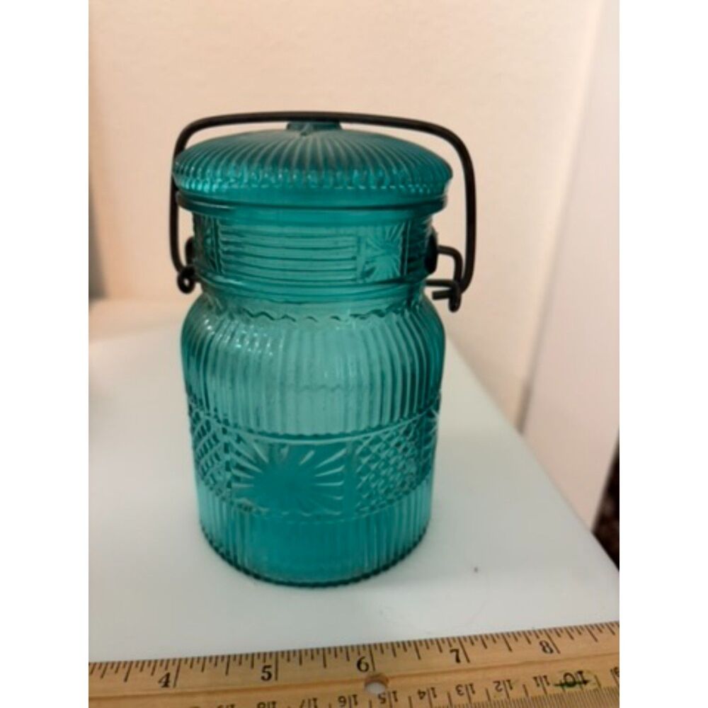 Vtg 1970's avon turquoise glass wire bail clamp mason jar